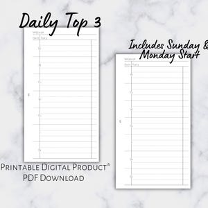 Può includere: Due inserti per agenda bianchi con testo nero. La pagina sinistra presenta le intestazioni 'Daily Top 3', 'Week of', 'Date' e 'Top 3' con inizio domenica. La pagina destra mostra 'Includes Sunday & Monday Start' e un layout con lunedì.