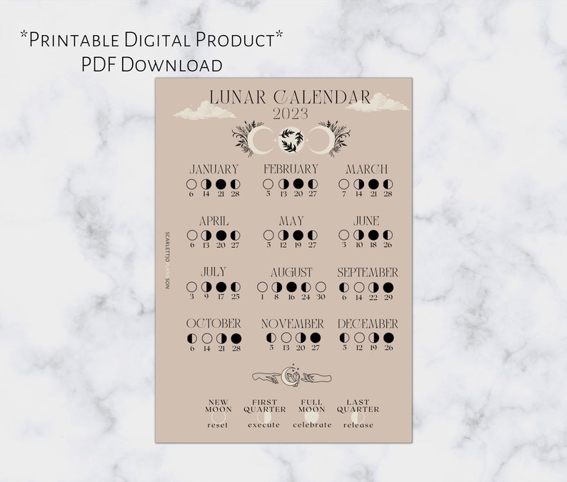 PW Lunar Phase Calendar 2023 Printable Planner Dashboard Etsy Hong Kong