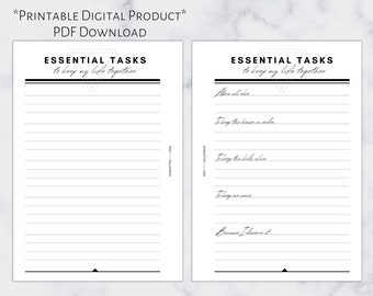 May include: Two white printable digital product pages with the text "ESSENTIAL TASKS to keep my life together". One page is blank with lines, the other has handwritten tasks. The top of each page has a geometric design.