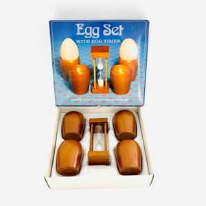 Egg Cup Set & Timer Boxed Retro Vintage 60s 70s MCM Kitchen Japan Wooden Natural Grain Rustic Farmhouse Mid Century Modern Breakfast Eggs