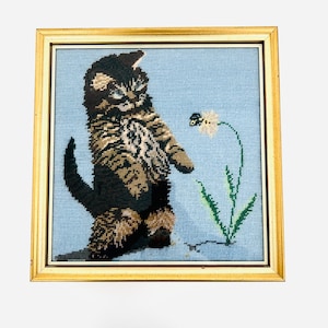 Large Square Framed Vintage Tortoiseshell Cat & Bee Embroidered Cross Stitch tapestry kitschy home 90s cat lovers handmade art gold framed