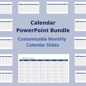 Könnte beinhalten: Ein PowerPoint-Kalender-Bundle mit anpassbaren monatlichen Kalenderfolien. Das Bild zeigt eine Sammlung von monatlichen Kalendervorlagen, jede mit einem blauen Header und einem Raster für Daten. Der Text auf dem Bild lautet "Calendar PowerPoint Bundle" und "Customizable Monthly Calendar Slides."