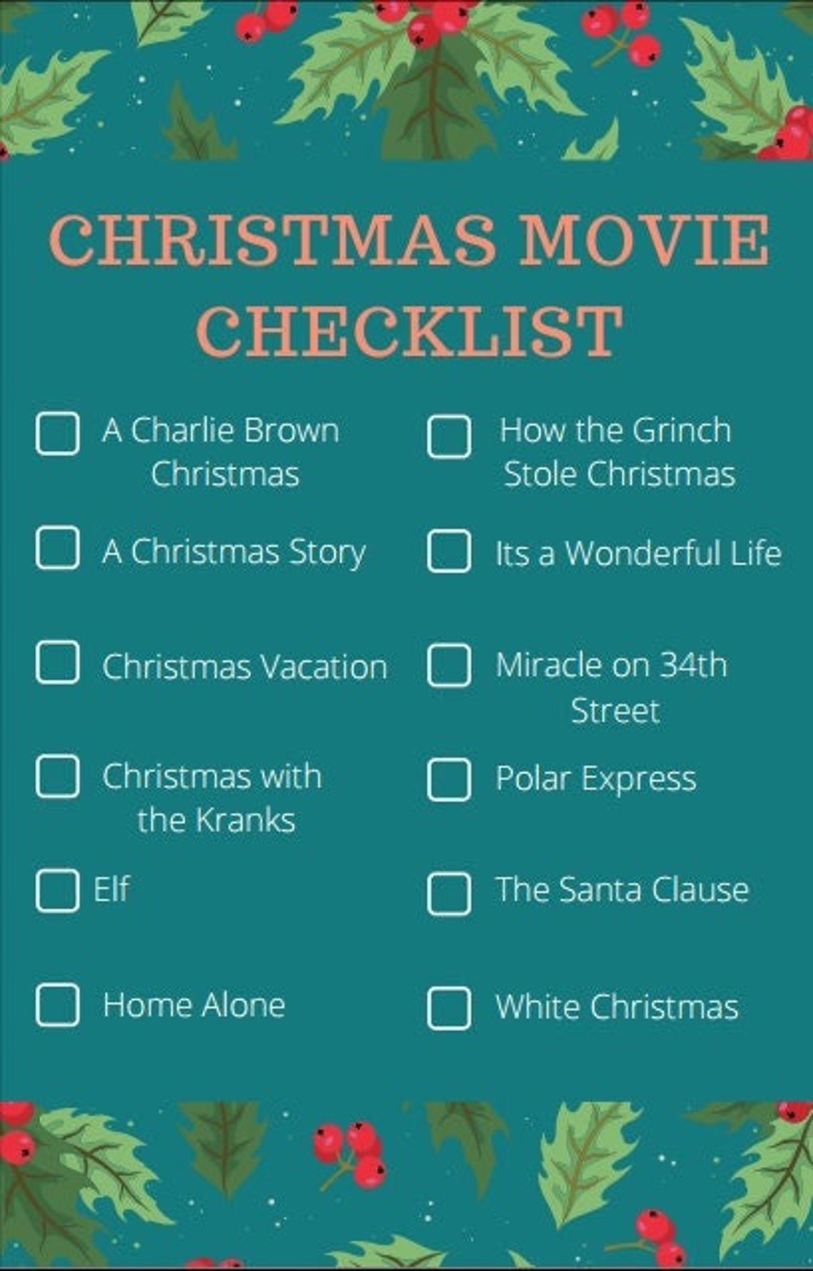 Christmas Movie Checklist Etsy