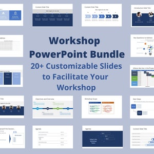 Pode incluir: Um modelo de apresentação PowerPoint azul e branco com o título "Workshop PowerPoint Bundle" e o texto "20+ slides personalizáveis para facilitar sua oficina". O modelo inclui slides para as perguntas-chave a serem abordadas, os objetivos e a visão geral, o escopo da oficina, a agenda e as próximas etapas.