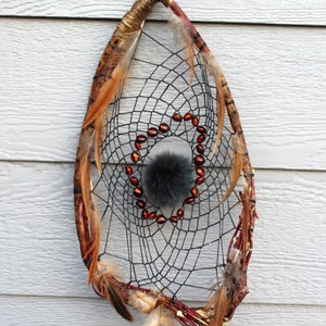 Dreamcatcher Tag Elder Sapling Real Rabbit Fur Hand Woven Web w/Tiger Eye Stones Feathers Sinew Protection Gift Dream Catcher Wall Decor