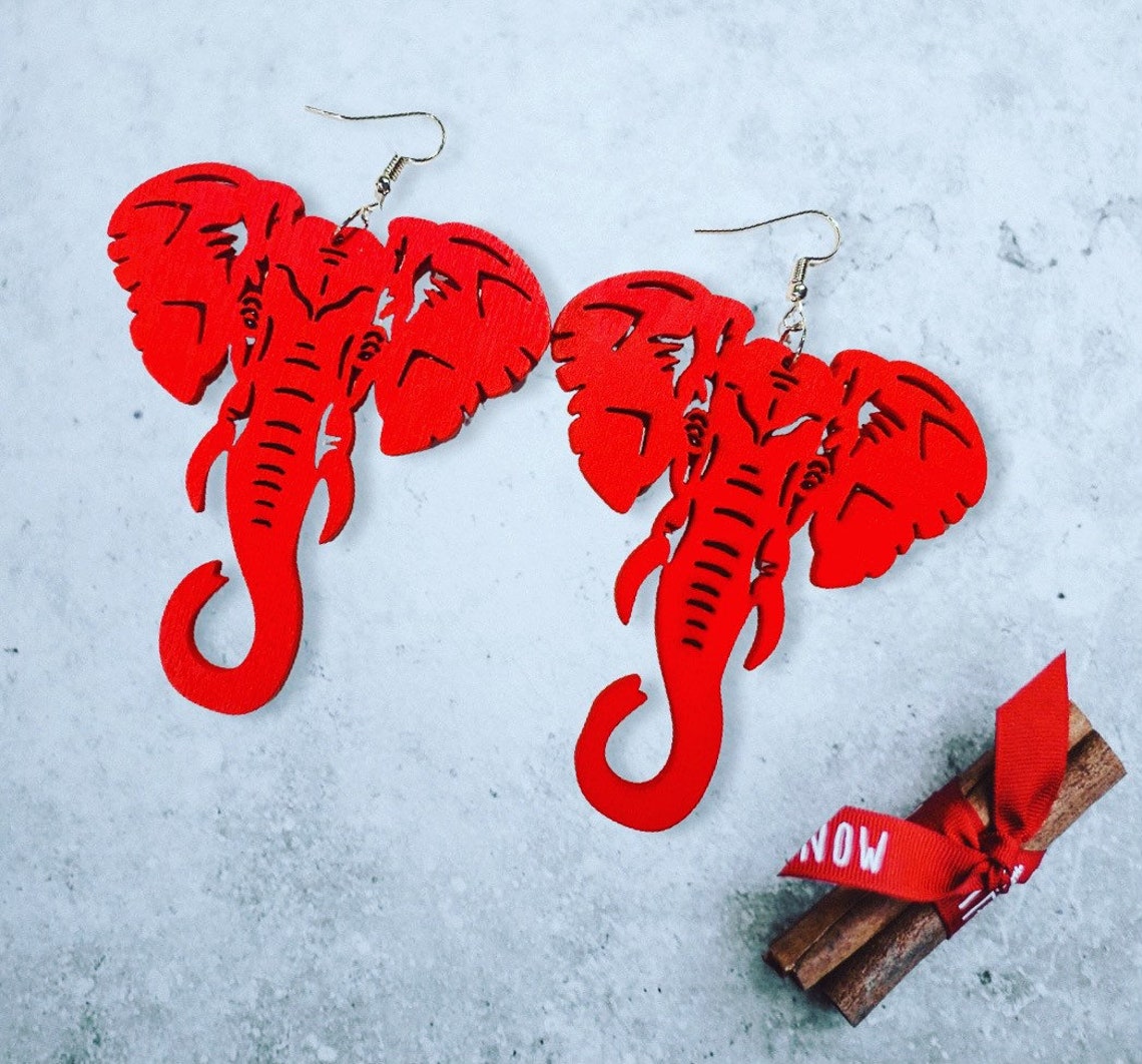 Large Wooden Elephant Earrings Red Afrocentric Etsy