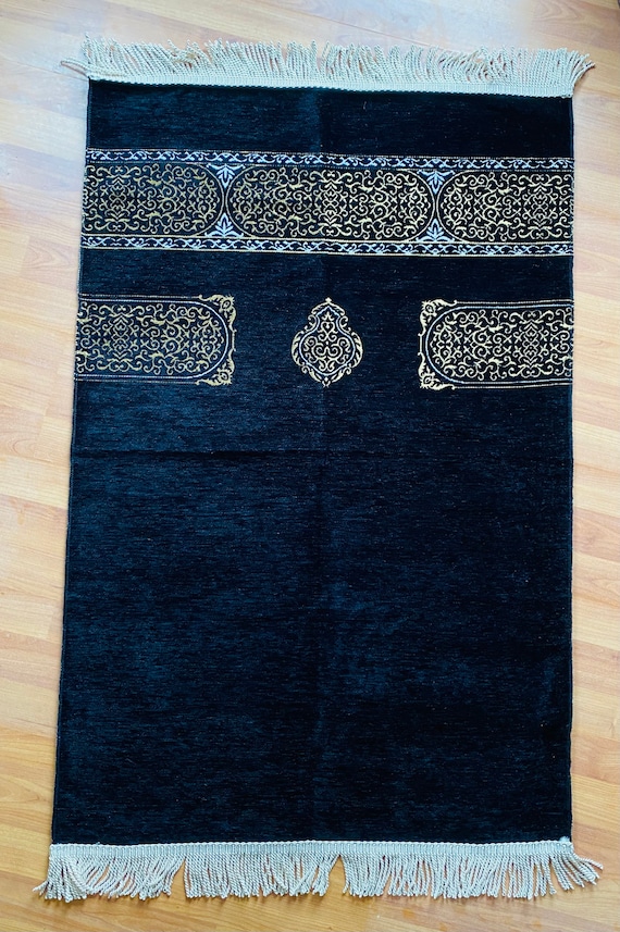 Kaaba Design Prayer Rug, Gold and Black Sejadah, Muslim Gift