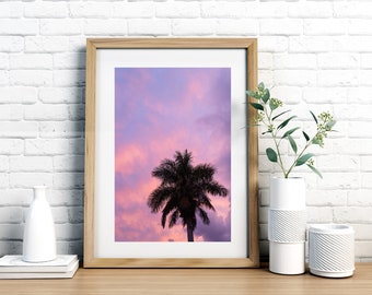 Purple and Pink Clouds with Palm Tree Poster, Colorful Clouds Art Print, Palm Tree Silhouette Prints, Printable Wall Art, Beach Prints,