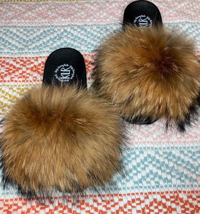 Fluffy Real Raccoon Fur Slides FULL Women s Shoes