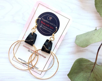 Sparkly Black Upcycled Leather Hoop Earrings, 18k Gold Plated
