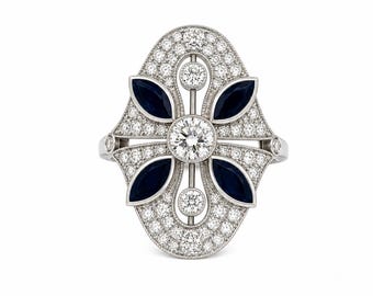 Brillo y Distinción - Anillo Floral Art Déco con Zafiros y Pavé de Diamantes