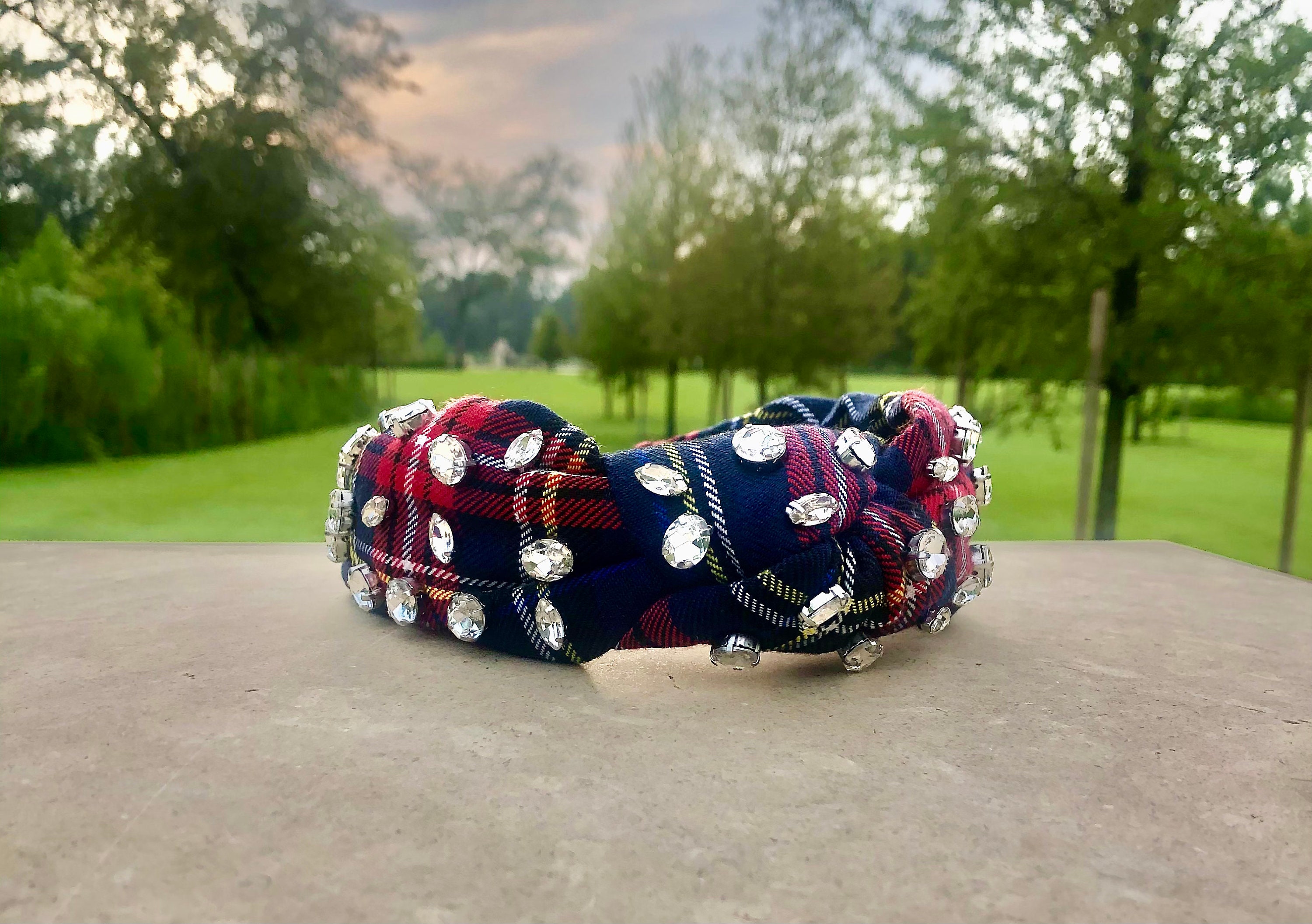 Holiday Plaid Knot Velvet Beaded Headband Pearl Crystal Handmade Festive… Plaid & Flannel Christmas Headbands, Rhinestone Holiday Hair  main image 2