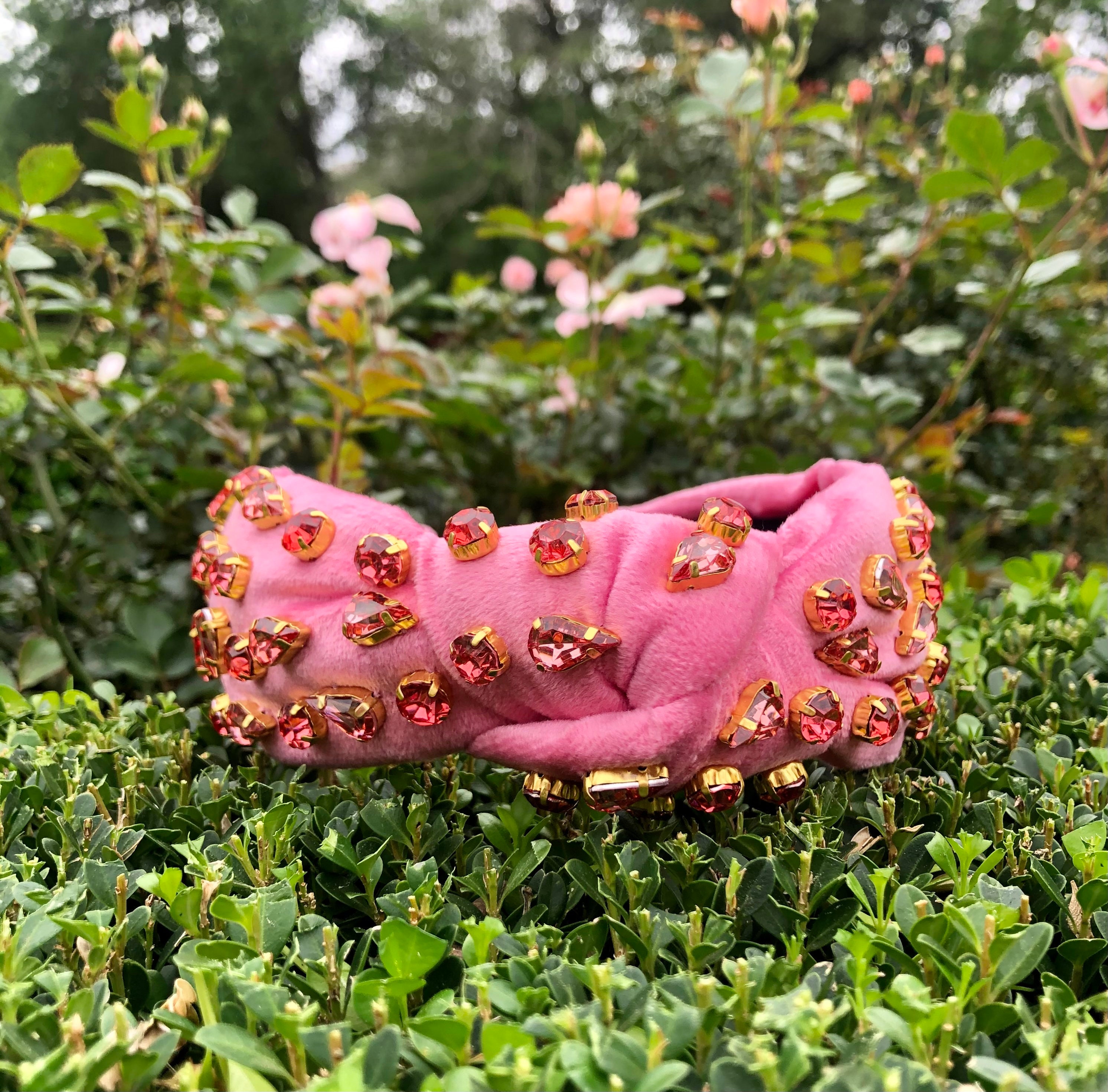 Pink Velvet Crystal Embellished Knotted Headband, Knotted  display picture 1