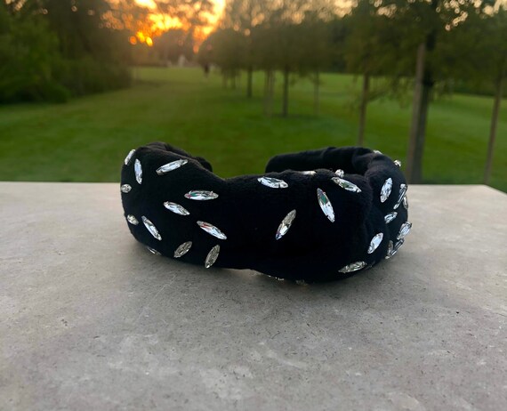 Black Velvet Crystal Embellished Knotted Headband, Knotted 