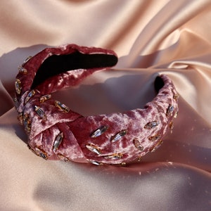 PINK VELVET EMBELLISHED Headband, Knotted Padded Headband, Embellished Crystal Headband, Gifts For Her, Holiday Hair Accessories