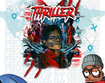 May include: A digital illustration of Michael Jackson as a zombie from his Thriller music video. The image is set against a red, white, and blue background with a world map pattern. The text "THRILLER" is written in a bold, red font.
