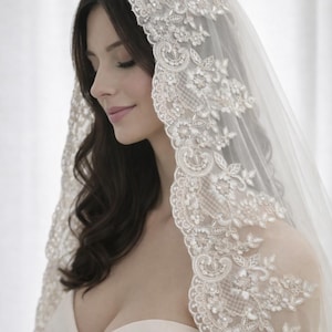 May include: A sheer ivory bridal veil featuring an intricate scalloped lace border with floral embroidery, delicate beadwork, and sequins. The veil is draped over the head, showcasing a detailed pattern of leaves and swirls along the edges.
