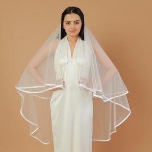 Cathedral Satin Ribbon Wedding Veil: Satin Edge Bridal Soft Tulle with Blusher Zen