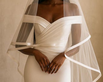 Bridal Veil, Satin Edge Veil, Wedding Veil, Satin ribbon veil, Two tier veil, Satin trim veil, Classic 150cm Width, Soft Tulle Long Veil Zen