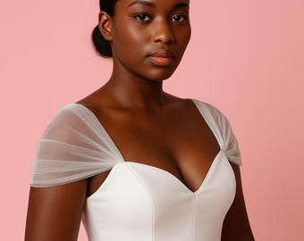 Mangas de novia: Tirantes desmontables de tul para vestido de novia, estilo zen con hombros descubiertos