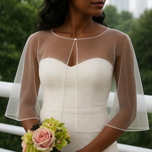 Bridal Ivory Shoulder Cape, Wedding tulle Cape, Custom Bridal Coverup, round Wrap, Sheer High Low Shoulder Cape, Separates Shawl Zen