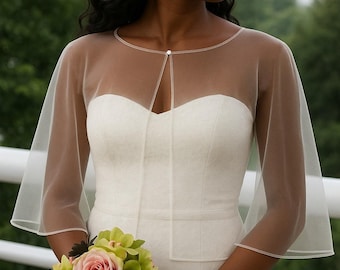 Bridal Ivory Shoulder Cape, Wedding tulle Cape, Custom Bridal Coverup, round Wrap, Sheer High Low Shoulder Cape, Separates Shawl Zen