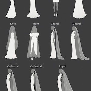 May include: A collection of illustrations showcasing various wedding veil styles, including blusher, elbow, waist, and fingertip veils. Each illustration features a bride in a white gown, with the veil's length and design varying across the styles.