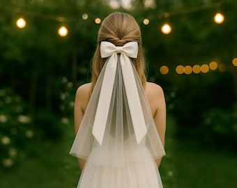 Bridal Bow Veil, Wedding Veil, Korean Veil, White Veil, Hair Satin Cute Bow Veil, Shoulder Length Veil, Ivory Bridal Veil, Tulle Veil Zen