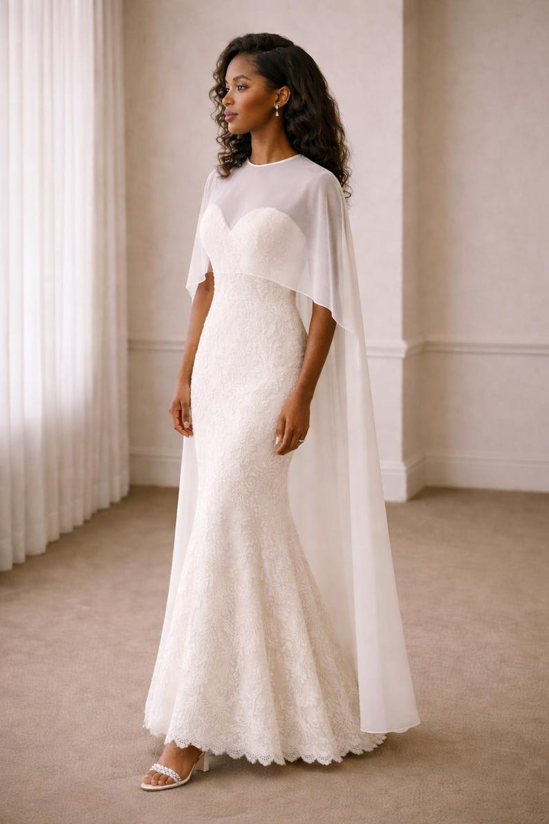 Beautiful bride in a modern white chiffon evening cape dress with a flowing sheer overlay and elegant satin base, standing gracefully against a soft beige background with warm studio lights highlighting her natural beauty. The chiffon cape adds ethereal movement, perfect for bridal photoshoots, rehearsal dinners, or wedding receptions. A minimalist yet luxurious fashion choice for the modern bride seeking timeless elegance.
