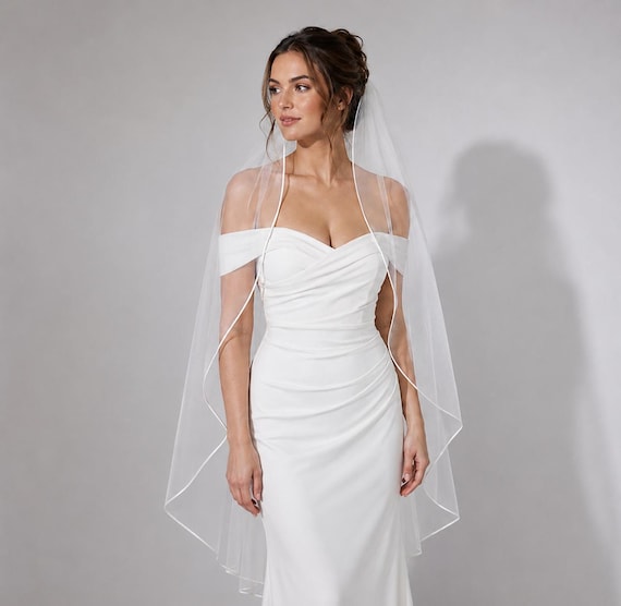 Rattail Edge Wedding Veil Satin Cord Trim Fingertip to Cathedral Custom Length Bridal veil