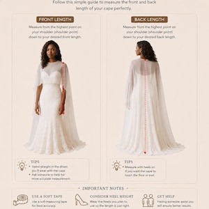May include: An instructional infographic titled Handmadebyrids HOW TO MEASURE CAPE LENGTH. It features two diagrams showing front and back views of a person in a white cape, with red dashed lines indicating measurement points from the shoulder down.