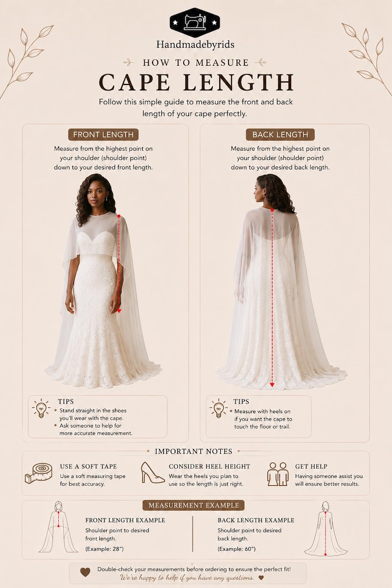 May include: An instructional infographic titled Handmadebyrids HOW TO MEASURE CAPE LENGTH. It features two diagrams showing front and back views of a person in a white cape, with red dashed lines indicating measurement points from the shoulder down.