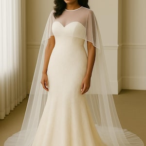 Ivory Tulle Bridal Cape: Beach Wedding Shoulder Veil - Long Train