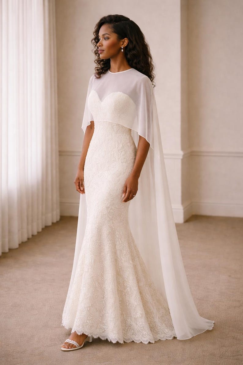 Beautiful bride in a modern white chiffon evening cape dress with a flowing sheer overlay and elegant satin base, standing gracefully against a soft beige background with warm studio lights highlighting her natural beauty. The chiffon cape adds ethereal movement, perfect for bridal photoshoots, rehearsal dinners, or wedding receptions. A minimalist yet luxurious fashion choice for the modern bride seeking timeless elegance.