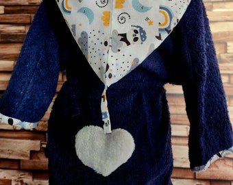 Children's bathrobe, baby, unisex, children's kimono bathrobe 1-2 years old terry towel, fleece hood. blue little cat pattern