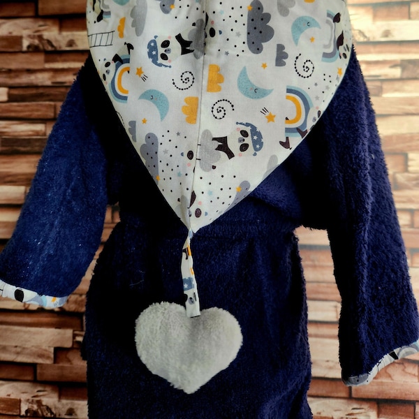 Peignoir enfant, bébé , unisexe, peignoir kimono enfant 1-2ans serviette éponge, capuche polaire. bleu motif petit chat