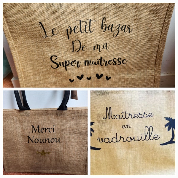 Sac cabas en toile de jute cadeaux pour les maîtresses , Atsem ou nounou . Fin d'année scolaire , sac de plage, sac de vacances de courses