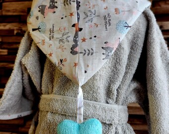 Children's bathrobe, baby, unisex, children's kimono bathrobe 1-2 years old terry towel, fleece hood. gray raccoon pattern