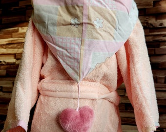 Children's bathrobe, baby, children's kimono bathrobe 1-2 years old terry towel, fleece hood. pink little fox pattern