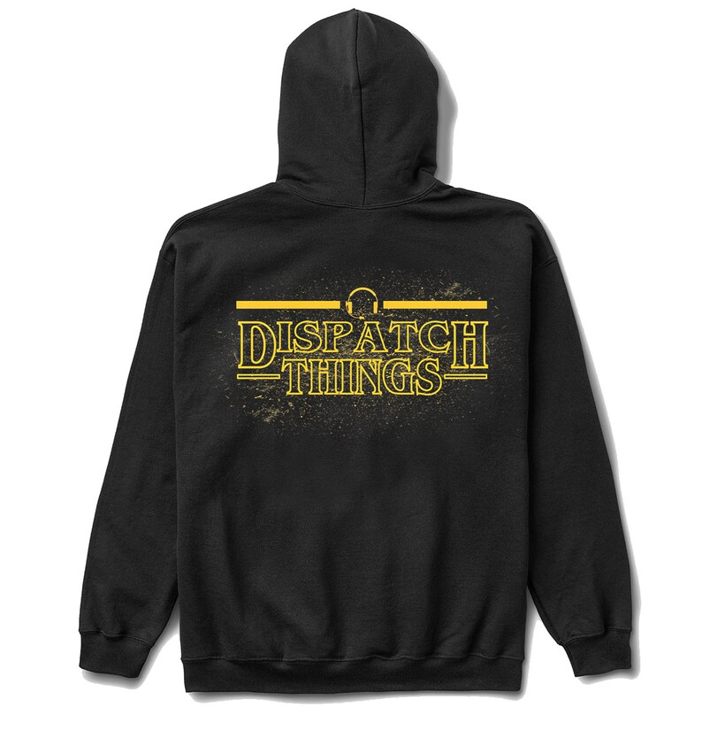 May include: Black hooded sweatshirt with a yellow graphic print that says "DISPATCH THINGS" with a headphone icon above the text.
