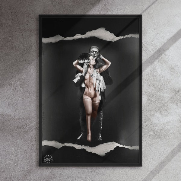 Bride of Frankenstein Framed Canvas Art, Horror Halloween Fan Living Room Bedroom Print