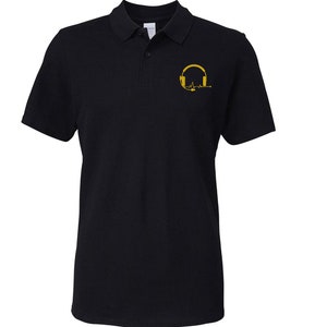 May include: Black polo shirt with a gold embroidered design of headphones with a heartbeat line.