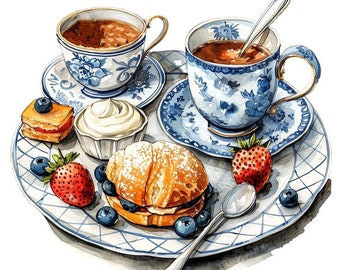 May include: A blue and white porcelain tea set with a pastry, whipped cream, and fresh fruit on a blue and white patterned plate.