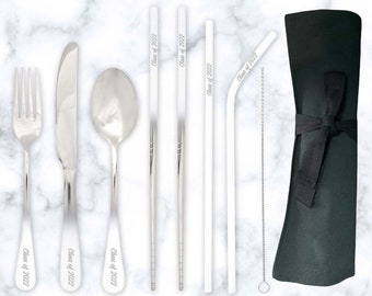 Juego de cubiertos de viaje Ombré blanco personalizado de 9 piezas Grabado ecológico Reutilizable utensilios de acero inoxidable