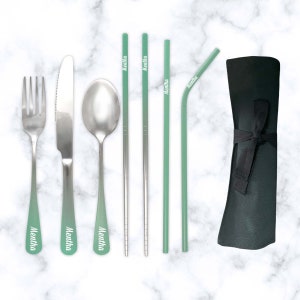 Personalized Mint Green Ombré Engraved 9-Piece Travel Cutlery Flatware Set