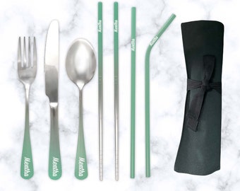 Juego de cubiertos de viaje de 9 piezas con grabado Ombré verde menta personalizado