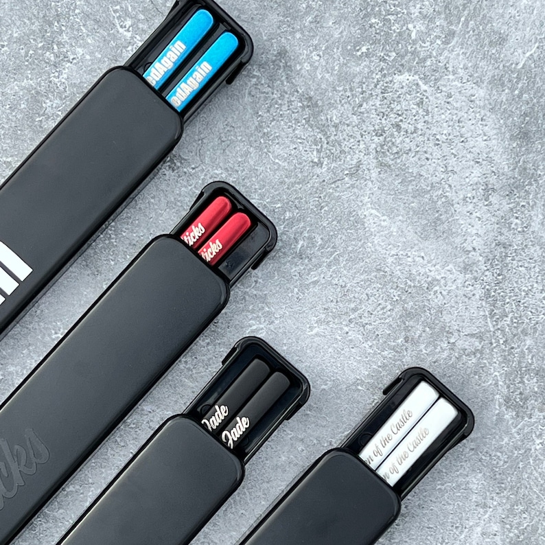 color options: blue and silver, red and silver, black and silver, and white and silver personalized engraved chopsticks with a personalized or blank black pull box case.