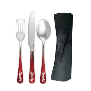 Juego de cubiertos portátil personalizado, tradicional, de tenedor, cuchillo y cuchara, en estuche de viaje o estuche para cubiertos