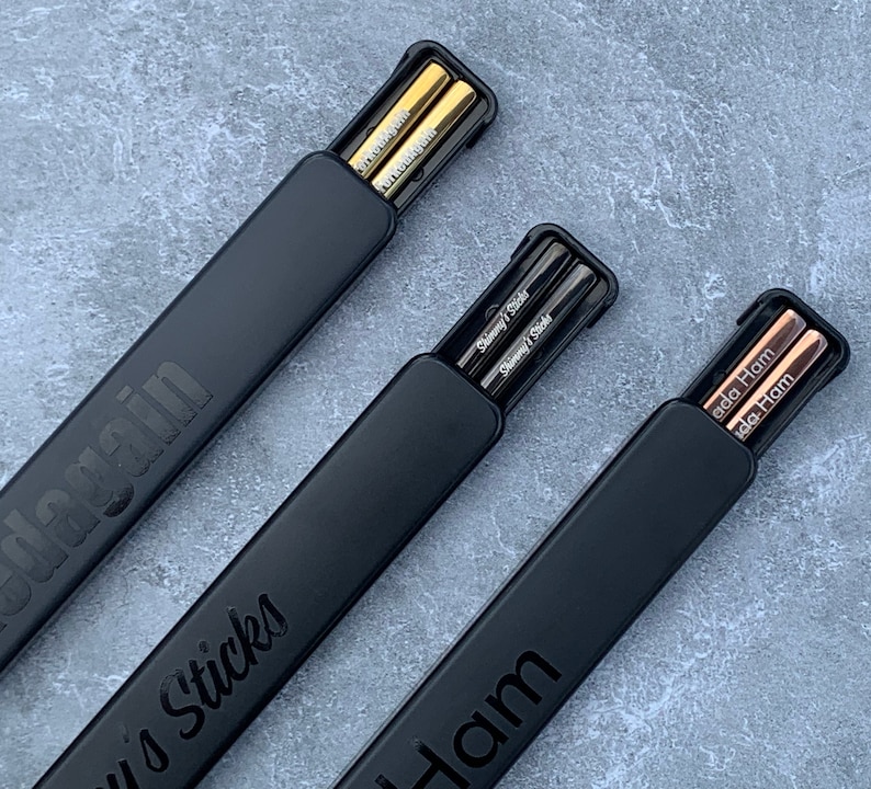 color options: gold, black and rose gold personalized engraved chopsticks with a personalized or blank black pull box case.