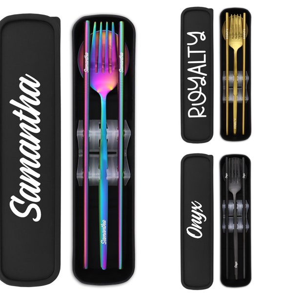 Engraved Cutlery Set with Engraved Fork, Spoon and Straws in a Personalized Box Case, Portable Flatware for Camping, Travel, School, & Work